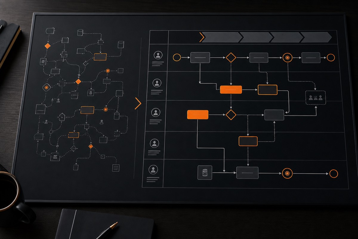 Visualisierung eines automatisierten Ablaufs: Rückfragen und Sucharbeit werden zu klaren Prüfungen, Status und Freigaben.